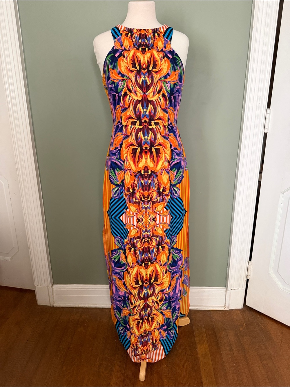 Gianni Bini Vibrant Orange and Purple Halter-Style Maxi Dress